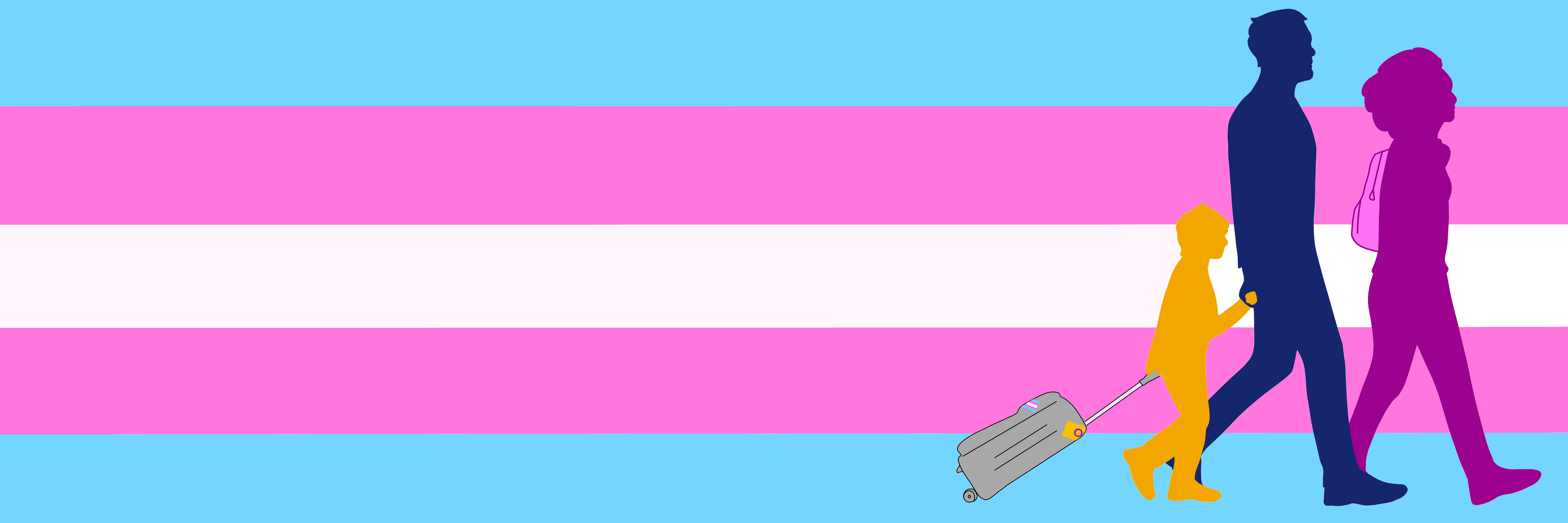 A banner with 3 silhouettes of a Father, Mother, and child who is dragging a 
suitcase behind them. the background is a pastel trans flag.